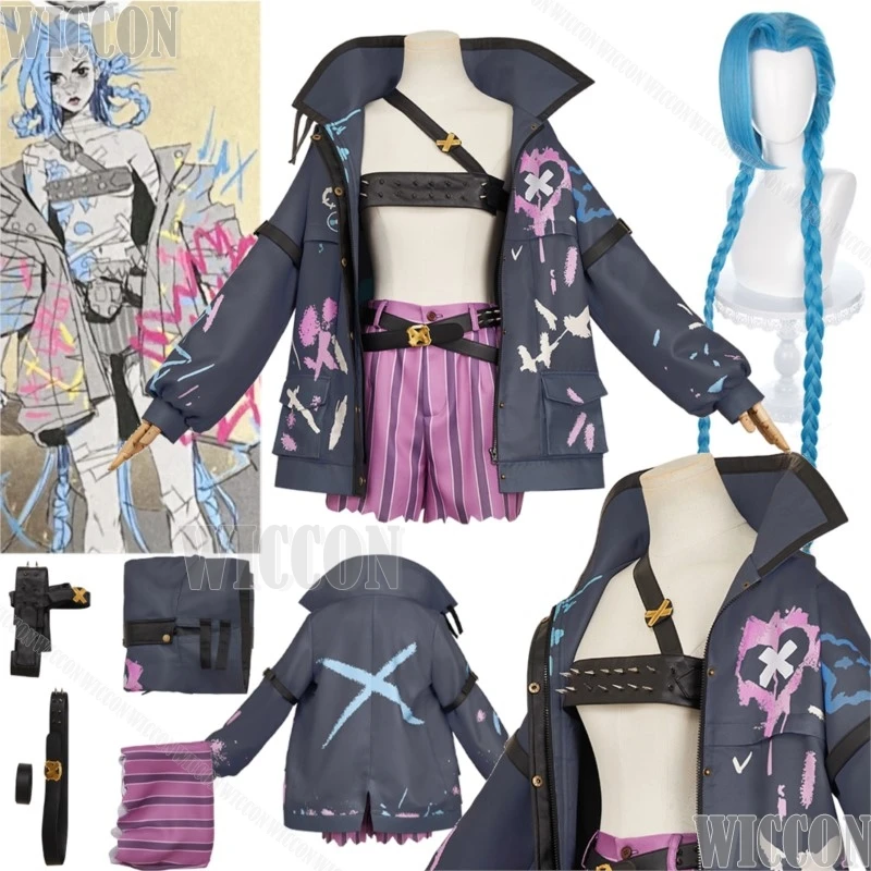 Traje de ajuste Jinx Arance S2, juego de Anime LoL, disfraz de Cosplay, peluca azul, abrigo de gran tamaño, vestido Sexy para chica y mujer, personalizado para Halloween