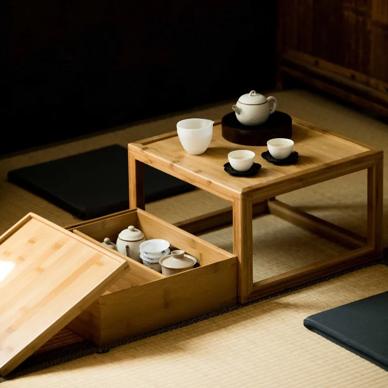 Japanese Zen Bamboo Tea Table & Tatami Window Sill Desk, Multi-Functional Storage Box for Tea Set, Minimalist Home Decor