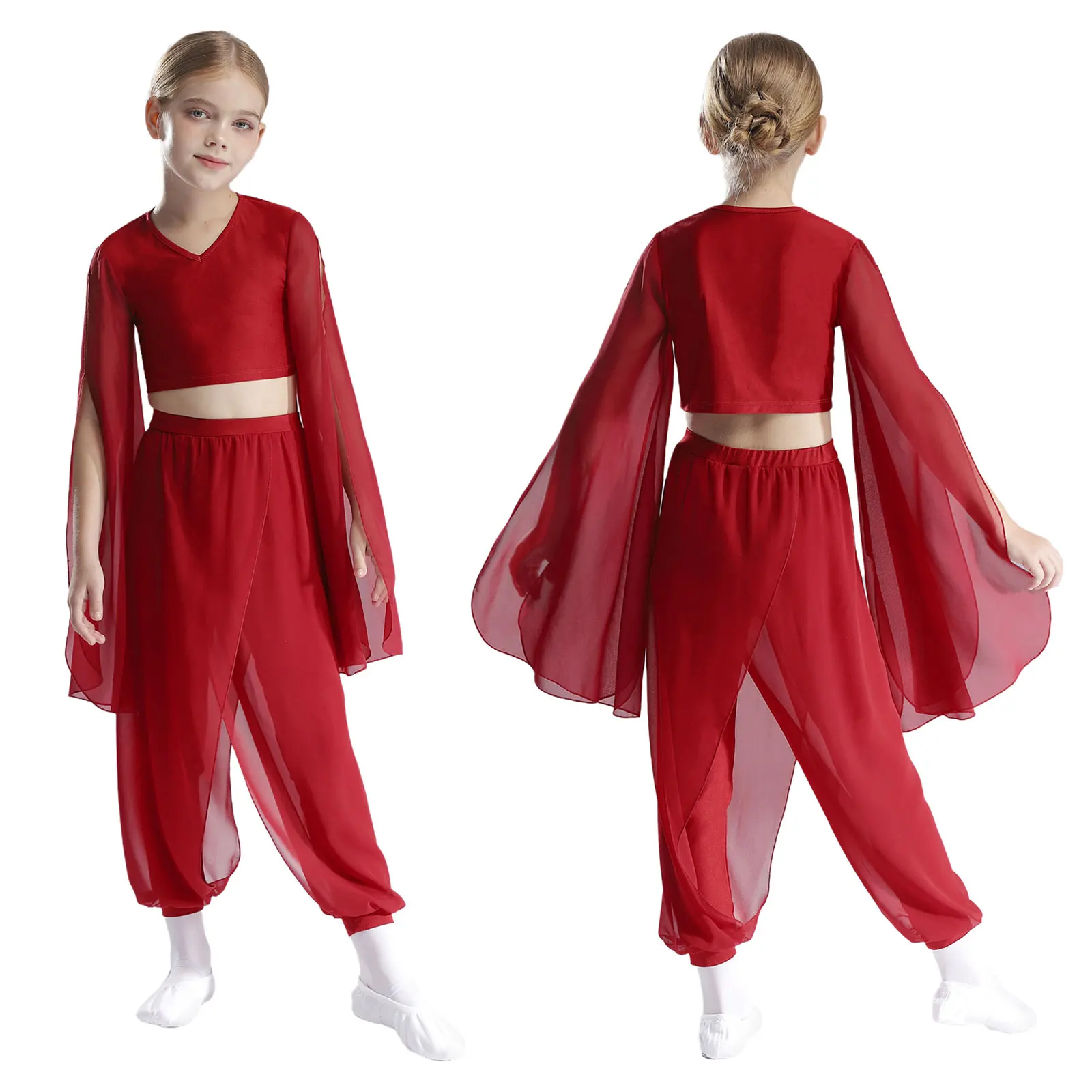 

Kids Girls Classical Dancing Practice Performance Cosstume V Neck Split Flared Sleeves Crop Top + Pants Outfit Modern Dancewear