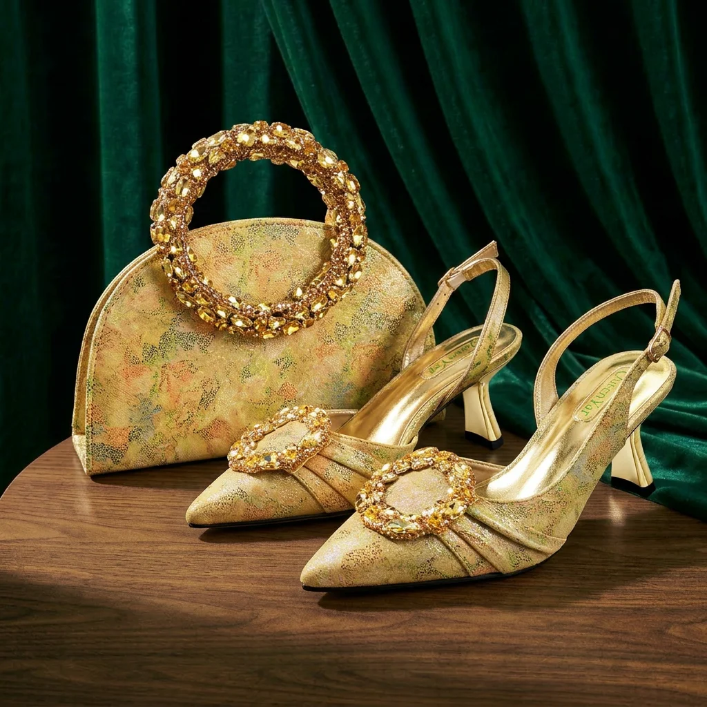 Multicolor Shimmer Rhinestone Circle Women Heels Rhinestone Ring Handle Evening Clutch Wedding Formal Matching Shoe and Bag Set