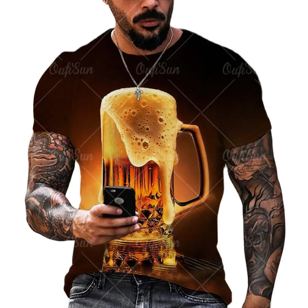 Bier 3D-Druck Herren T-Shirts Sommer Polyester O-Ausschnitt atmungsaktiv Kurzarm lose Tops T-Shirts übergroße T-Shirt Herren Kleidung 6xl