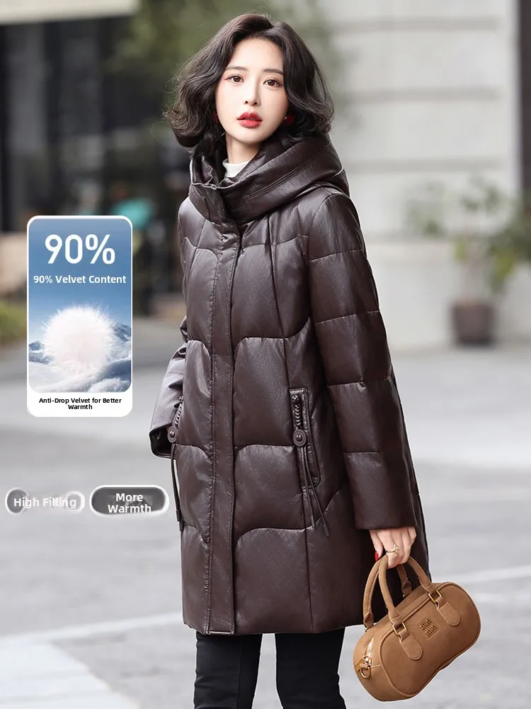   Ning 本革ダウンジャケット女性の eepskin 2025 新しい小さいサイズの高級感のあるレザーコート女性冬 Fce