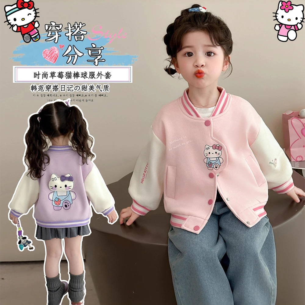 

Детская бейсбольная куртка с героями мультфильмов «Hello Kitty», осенняя кавайная бейсбольная куртка в стиле принцессы в стиле аниме Sanrio, модные милые топы для отдыха