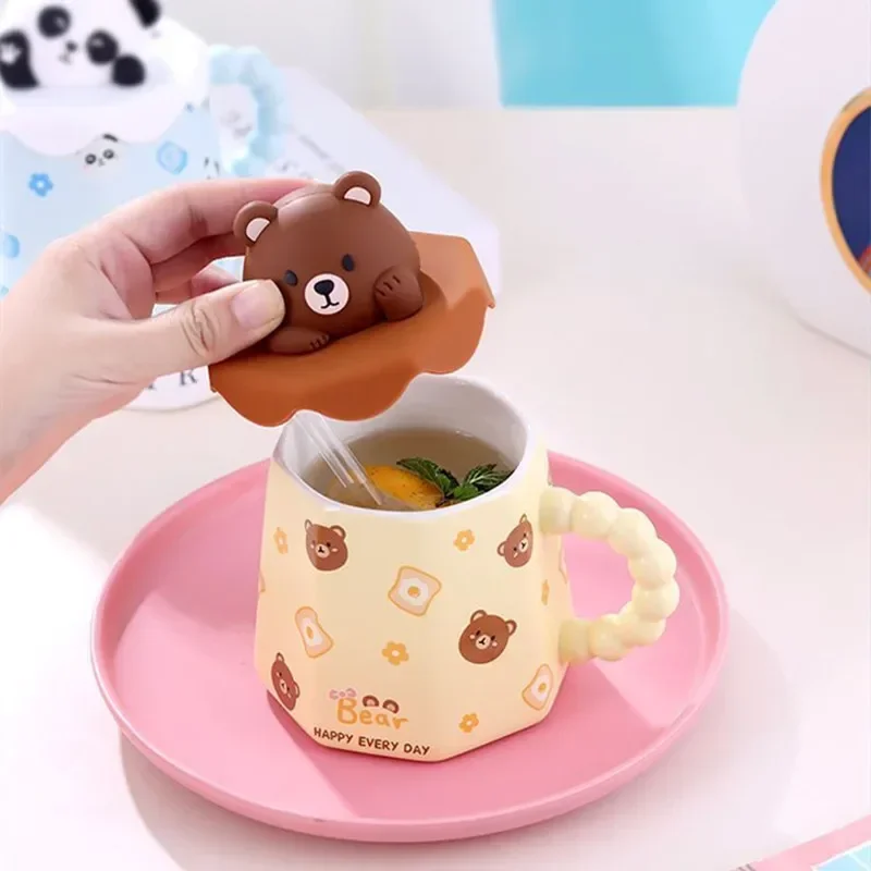 400ml Cartoon Ceramic Mug with Lid and Spoon Creative Cute Coffee Milk Tea Breakfast Cup Drinkware Novelty Gifts
