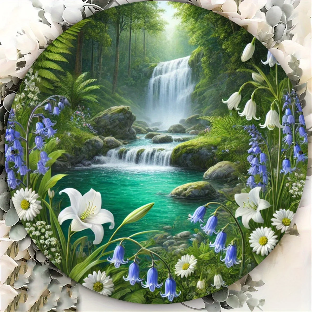 2D Flat - 1pc of 20X20Cm Metal Sign Featuring a Tranquil Waterfall Scene, Designed with Foil Engraving. This Round Metal Wall De