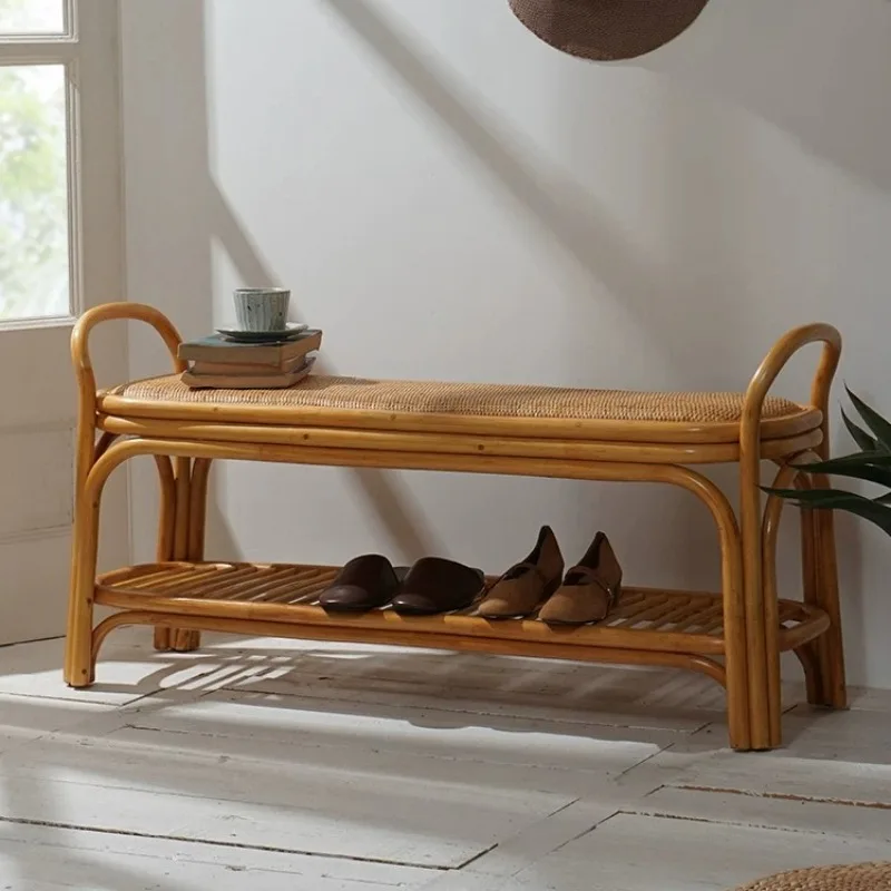 Rattan Woven Stools Japanese Entryway Double-tier Shoe Stool Vintage Non-slip Pads Ottomans Luxury Pastoral Home Furniture