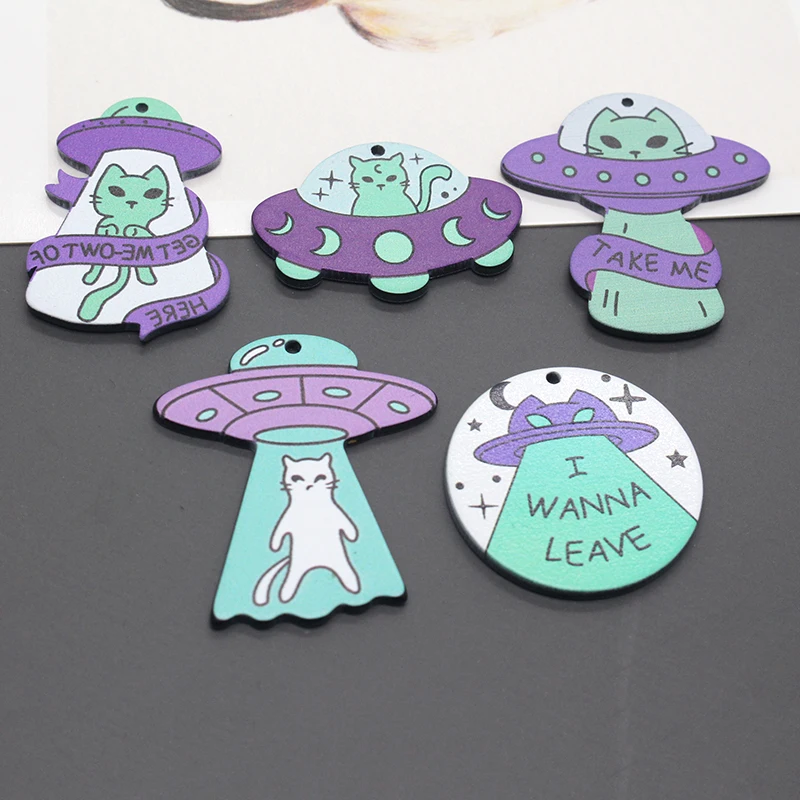 Mix 10pcs/pack Funny Acrylic UFO Cat Charms Steampunk Flying Saucer Cute Pendant For Earring Keychain DIY Jewelry Making