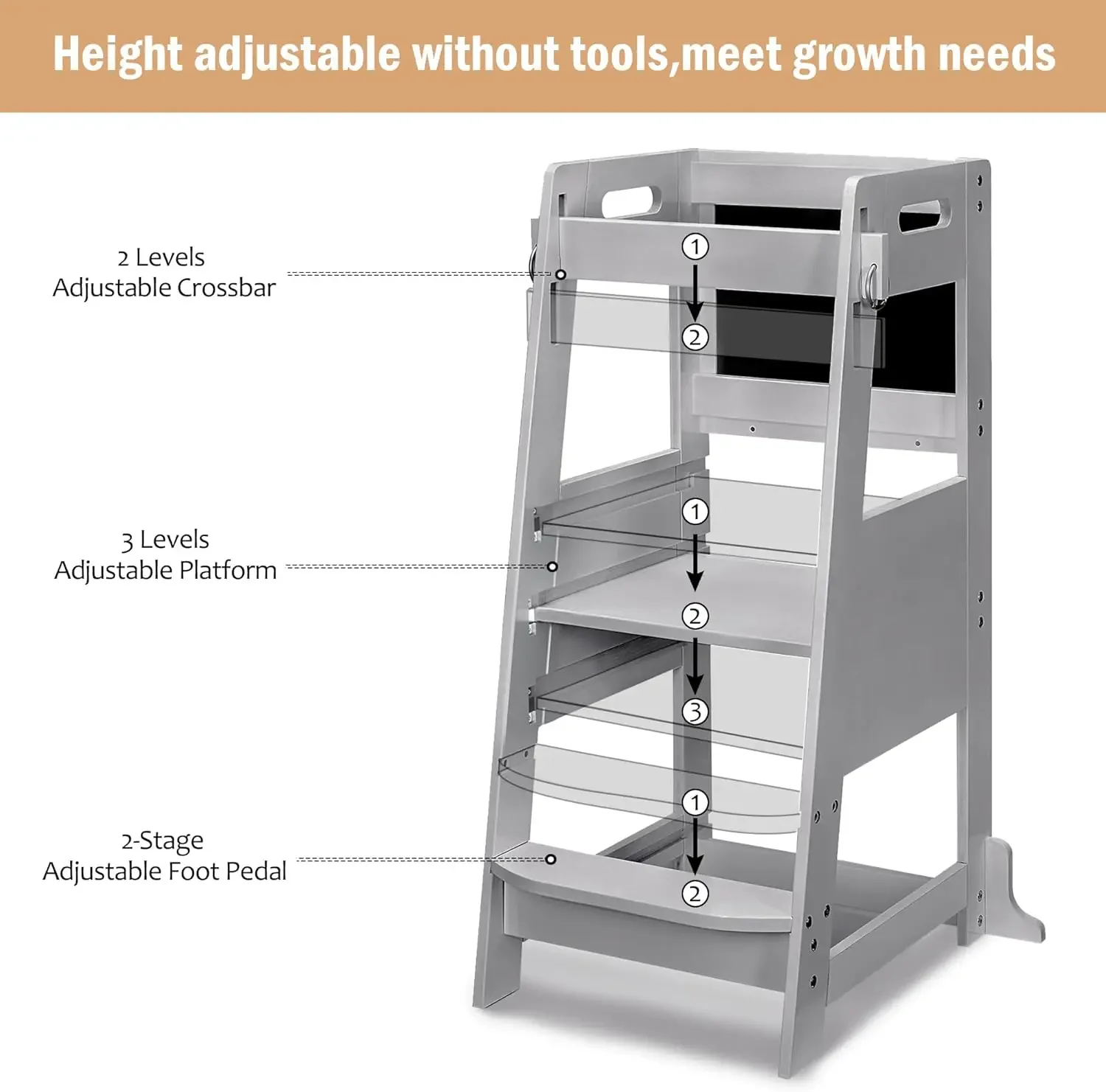 Bamboo Kids Step Stool Toddler Kitchen Learning Standing Tower Stool Helper 3 Adjustable Height for Bathroom & Kitchen Counter w
