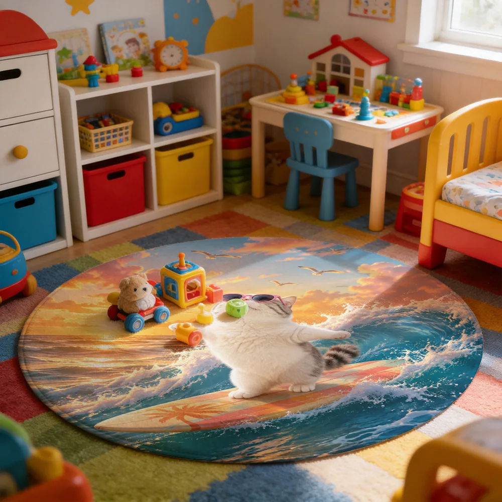 Cute Fluffy Cat Surfing Beach Mat Round Area Rug Tropical Sunset Ocean Scene Pet Lover Gift