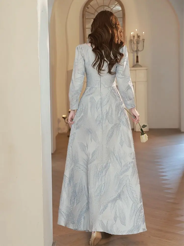 Vestido de noche azul cielo con cuello en V para mujer, manga de nueve cuartos, vestidos de cóctel bordados, vestido de graduación plisado clásico elegante