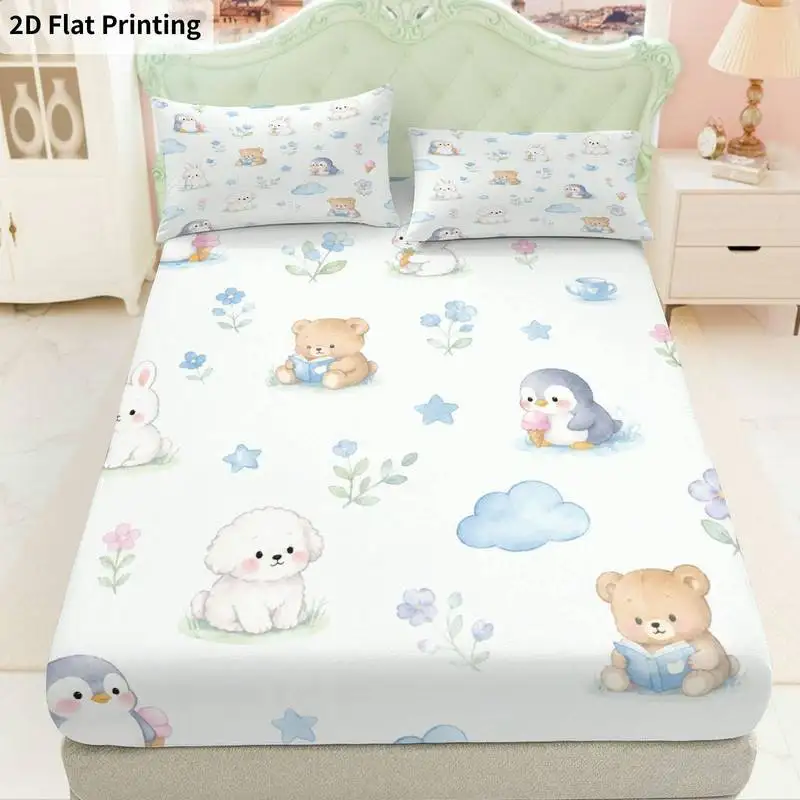 3Pcs Penguinbunny Fitted Sheet Three Piece Set (1*Fitted Sheet + 2*Pillowcases, Coreless), Bedding Set.