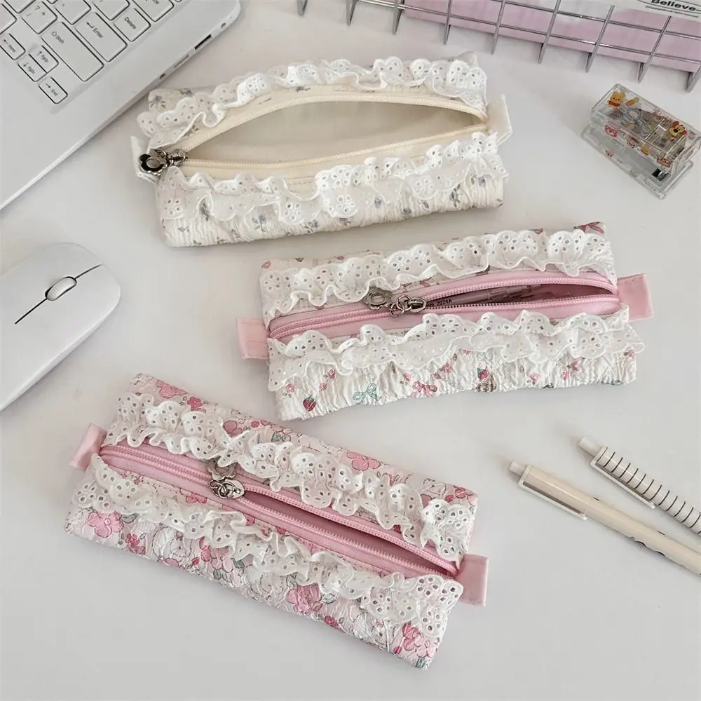 

Fashion Cartoon Lace Quilted Pen Bag Floral Printing Large Capacity Pencil Case Stationery Storage Pouch for Student Girls