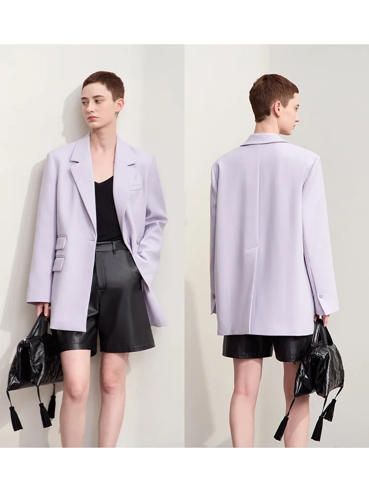 AMII Blazers For Women 2026 Autumn New Black Jacket Notched Double Buckle Loose Mid-length Office Lady Versatile Jackets12453040