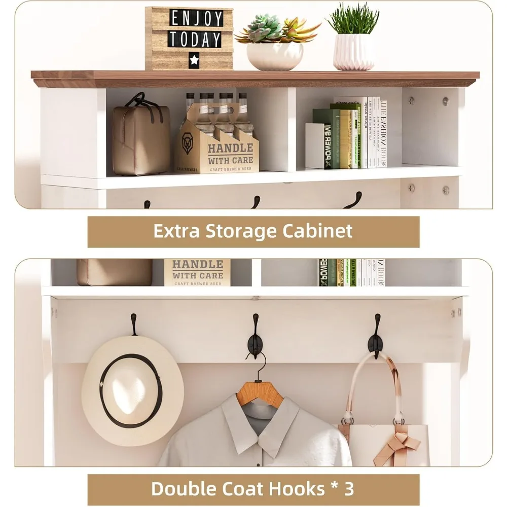 مقعد تخزين الأحذية متعدد الوظائف على طراز المزرعة مع رف معطف و3 خطافات للمدخل #4