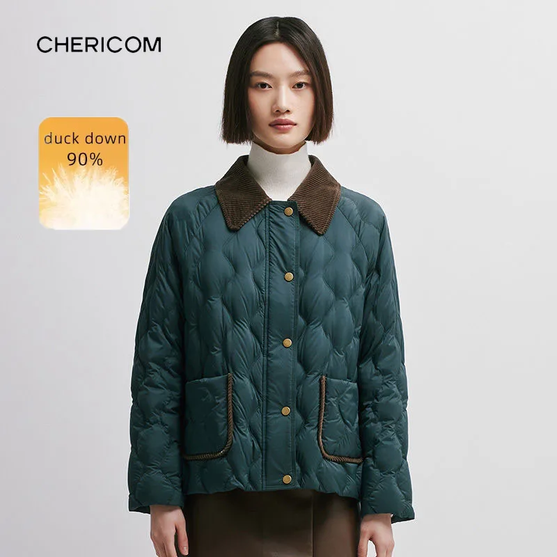 سترة نسائية قصيرة من Chericom 90% بطة أسفل الياقة المتباينة سترات طية صدر السترة خفيفة الوزن معاطف منتفخة دافئة باردة Y298002Y