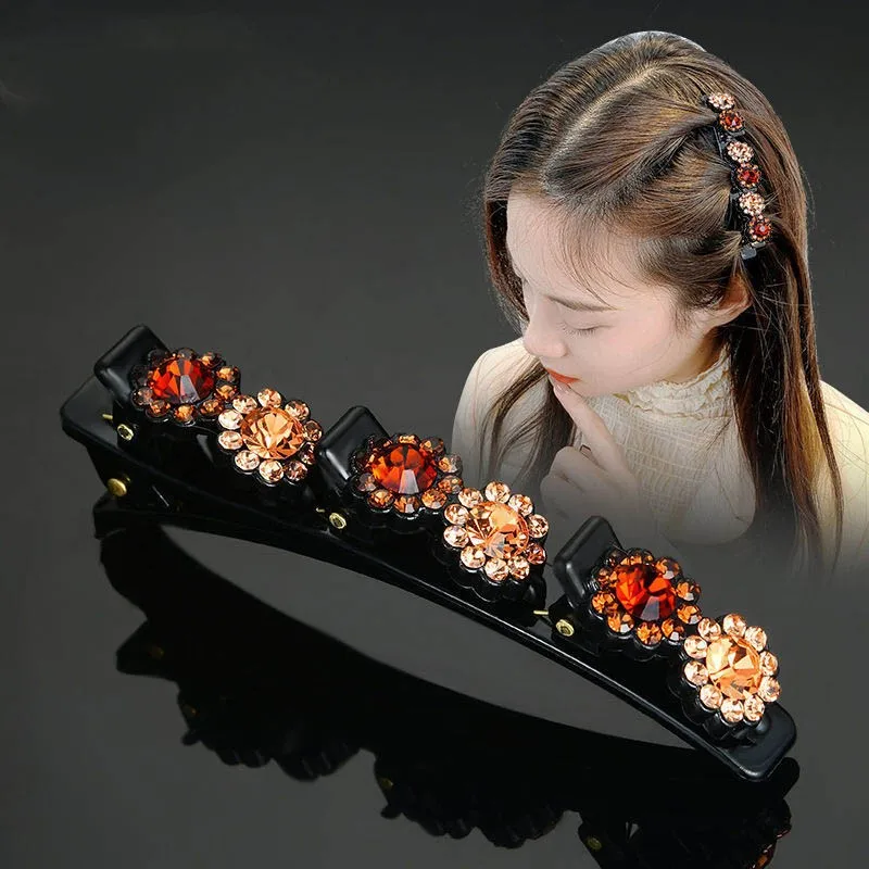 Fashion Sparkling Crystal Stone Braided Hair Clips Elegant Sweet Flower Barrette Side Clips Hair Accessory For Women Girls