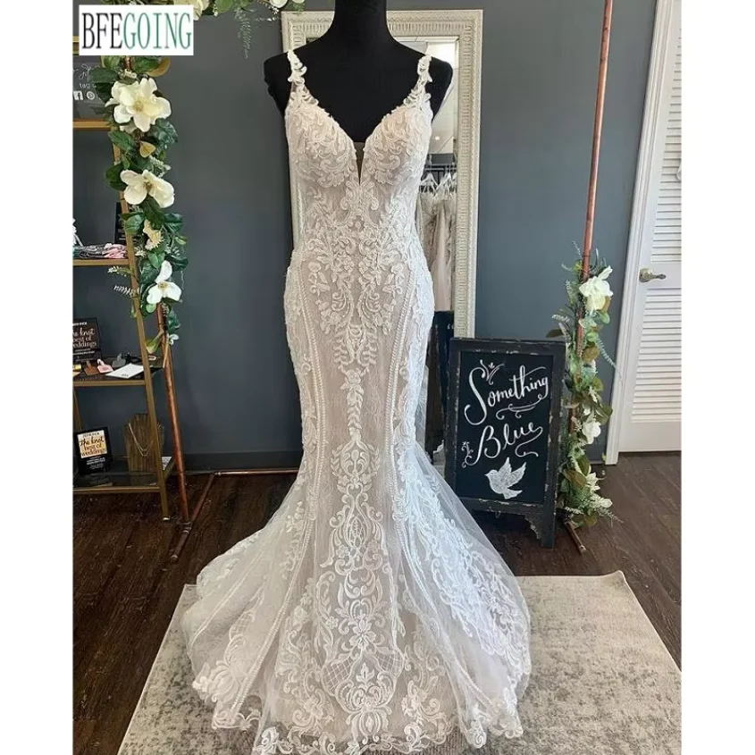 

Кружевные свадебные платья русалки/трубы со шлейфом часовни, свадебные платья без рукавов длиной до пола с v-образным вырезом по индивидуальному заказу
