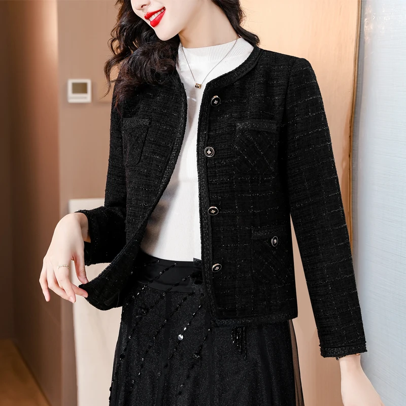 

Women's Autumn/Winter Fragrance Style Short Tweed Blazer Coats Vintage Elegant Loose Solid Color Round Neck Tweed Suit Blazers