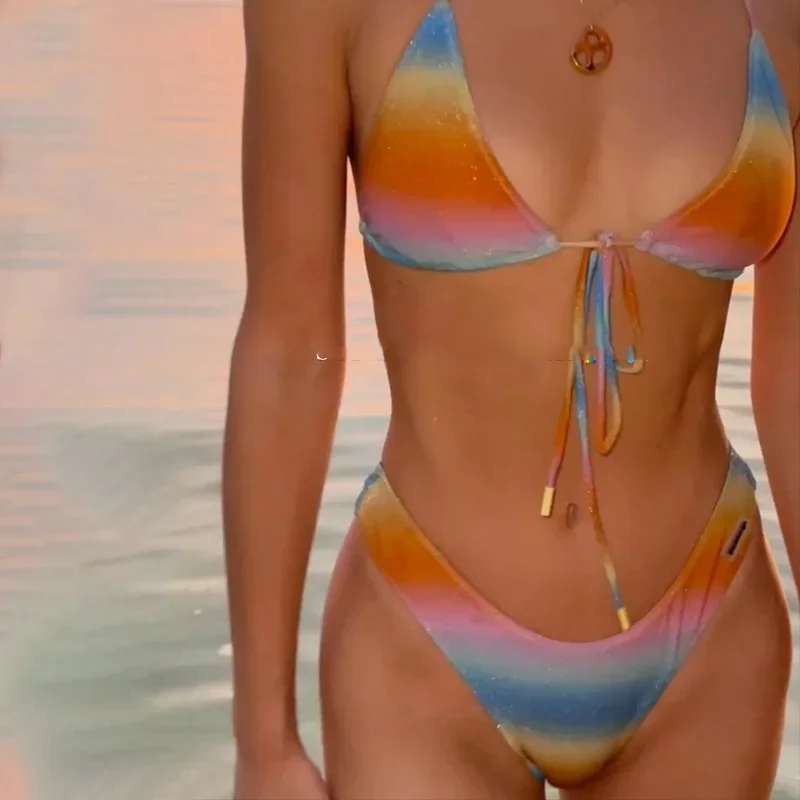 BEACHCICI damskie bikini dwuczęściowe letnie seksowne wiązane na szyi kontrastowy kolor gradientowy Backless zasznurowany strój kąpielowy na wakacje