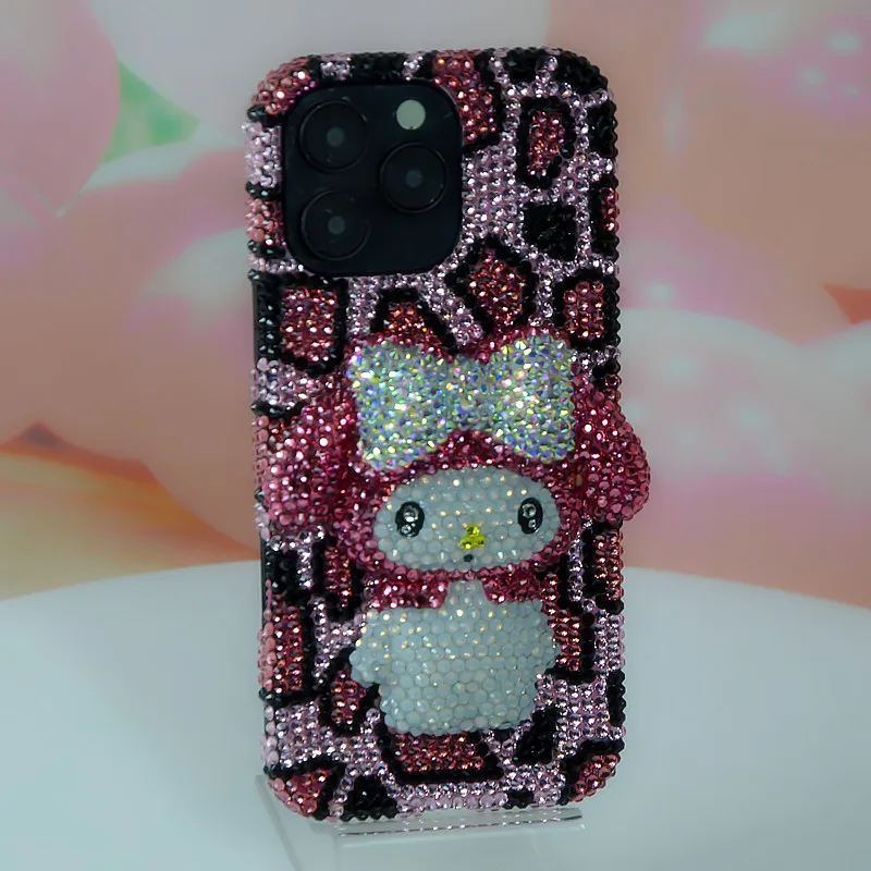 

Чехол для iPhone Kawaii My Melody для iPhone 17, 16, 15 Pro Max, Sanrio, аниме, леопардовый принт, стразы, для девочек, праздничный, элитный подарок