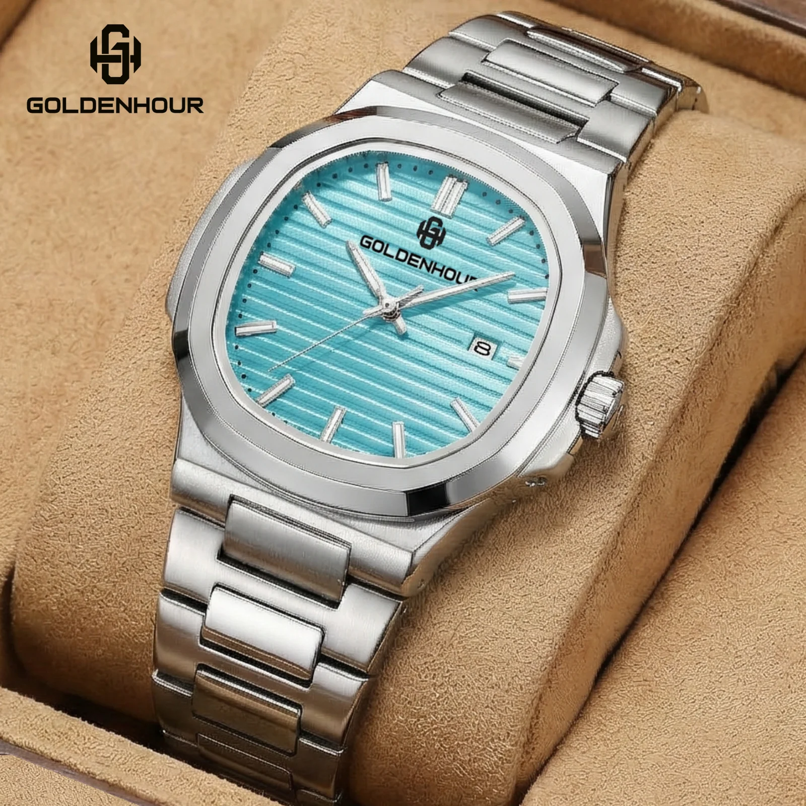 GOLDEN HOUR Herrenuhr, luxuriöse Mode, analog, Quarz, Edelstahl, Militär-Armbanduhr, wasserdicht, automatisches Datum, Relogio Masculino