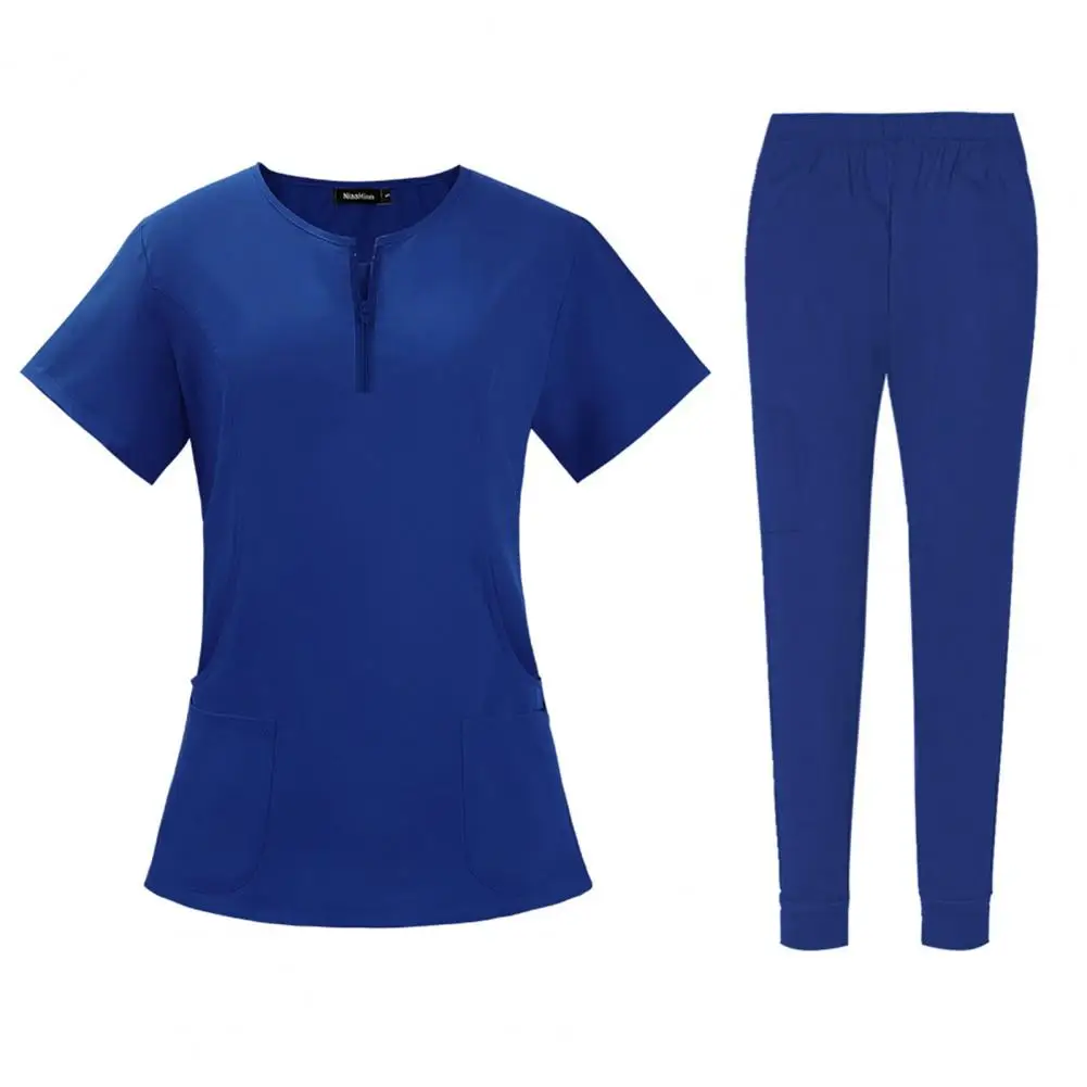 2025 Abbigliamento da lavoro da donna Completo da donna Uniforme medica Uniforme ospedaliera da donna Set con girocollo Cerniera Top Pantaloni in vita elastica Q