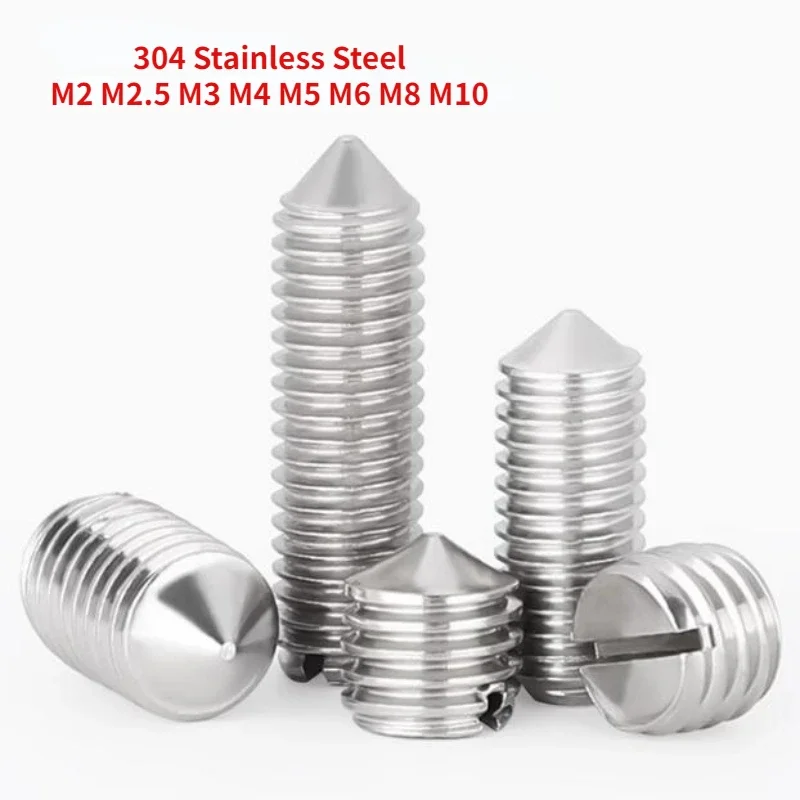 20-100pc M2 M2.5 M3 M4 M5 M6 M8 M10 304 Stainless Steel (A2-70) Slotted Head Cone Point Grub Set Screw Tapered End Headless Bolt