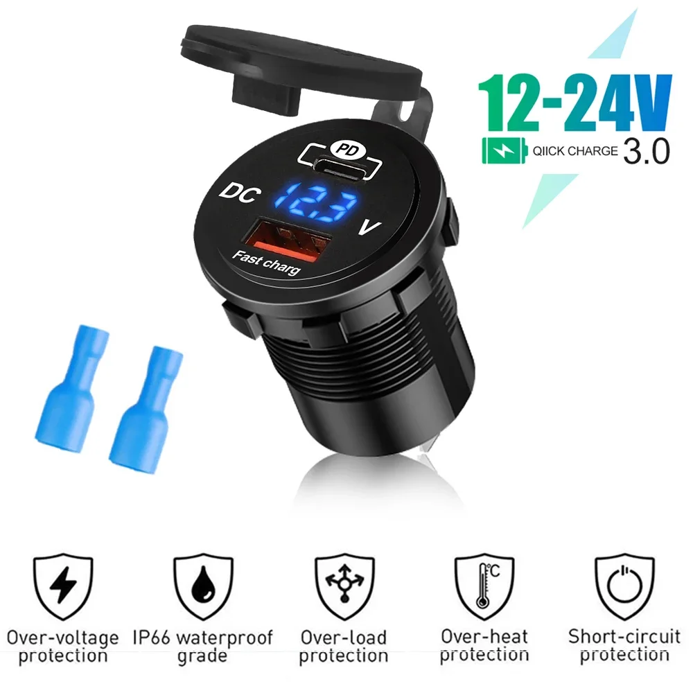 Autoladegerät PD QC3.0-Buchse mit Spannungsmesser, Schnellladung, 3.0-Buchse, Steckdose für 12 V/24 V, Motorrad, LKW, Boot, Wohnmobil, Teile