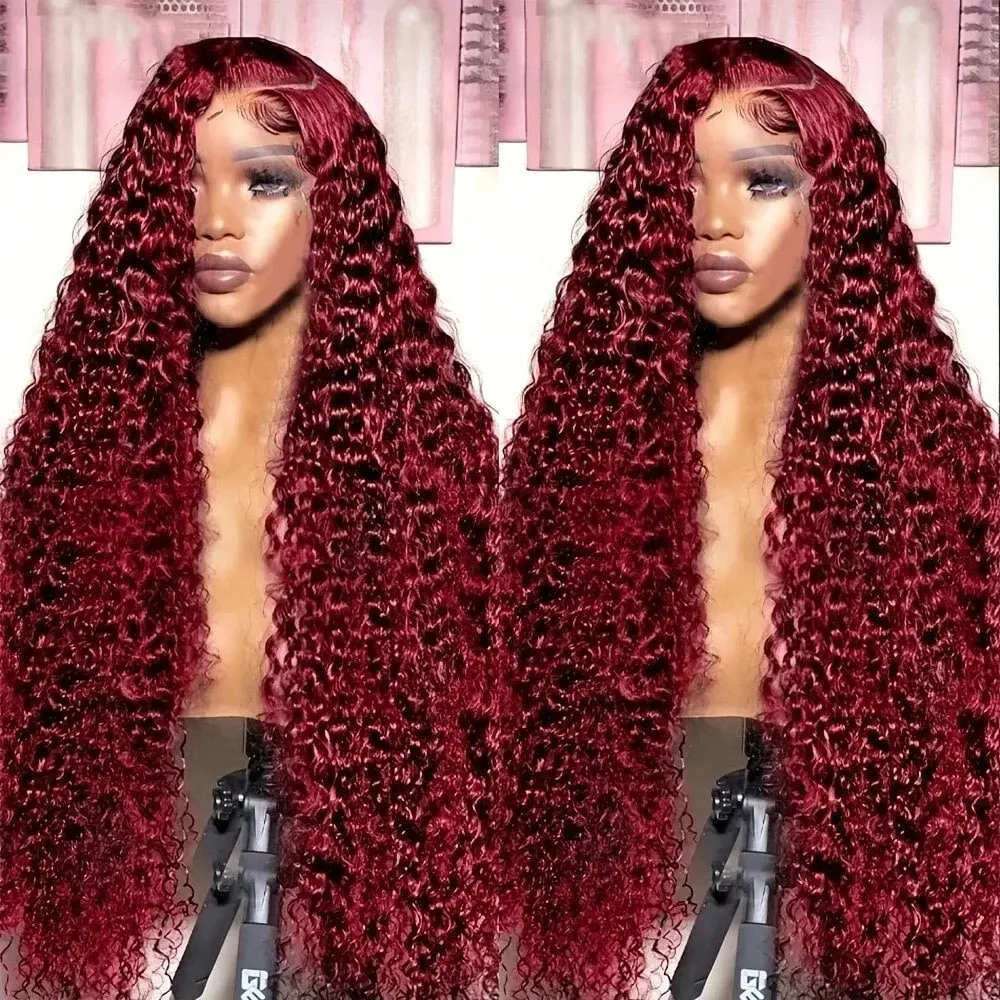 Perruque Lace Front Wig naturelle bouclée, cheveux humains, Deep Wave, bordeaux 99j, 13x4, couleur 99J, densité 250%, pour femmes