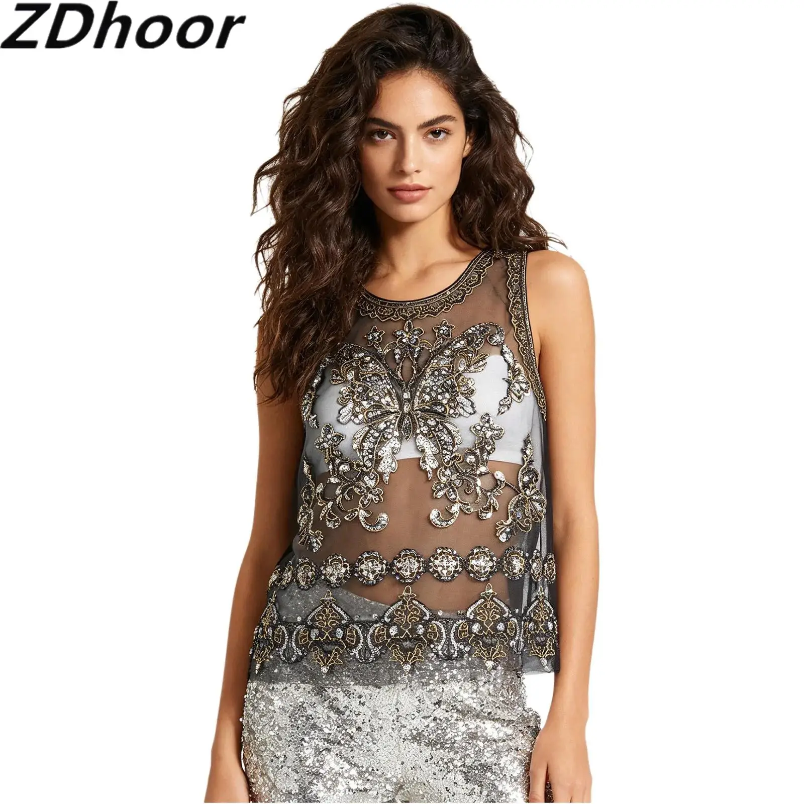

Women Vintage Sheer Mesh Tank Top with Exquisite Embroidery And Sequin Details Crew Neck Sleeveless Pullover Shirt Cover-up Top