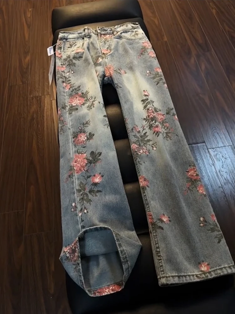 Rose Print Floral Men's Jeans Straight Leg Trendy Brand Cool Street Design Couple's Bent Knife Pants mid Waist Button Closure