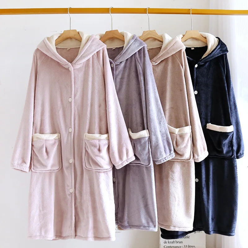 

Warm Hooded Sleepwear Women Thicken Flannel Bathrobe Long Kimono Robes Couple Loose Nightwear with Pocket Button Down Robes