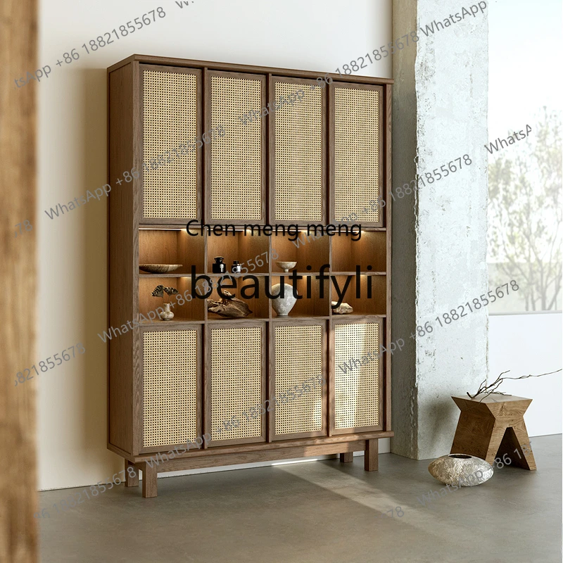 New Chinese-style rattan wood grain wall cabinet storage wabi tea room background cabinet