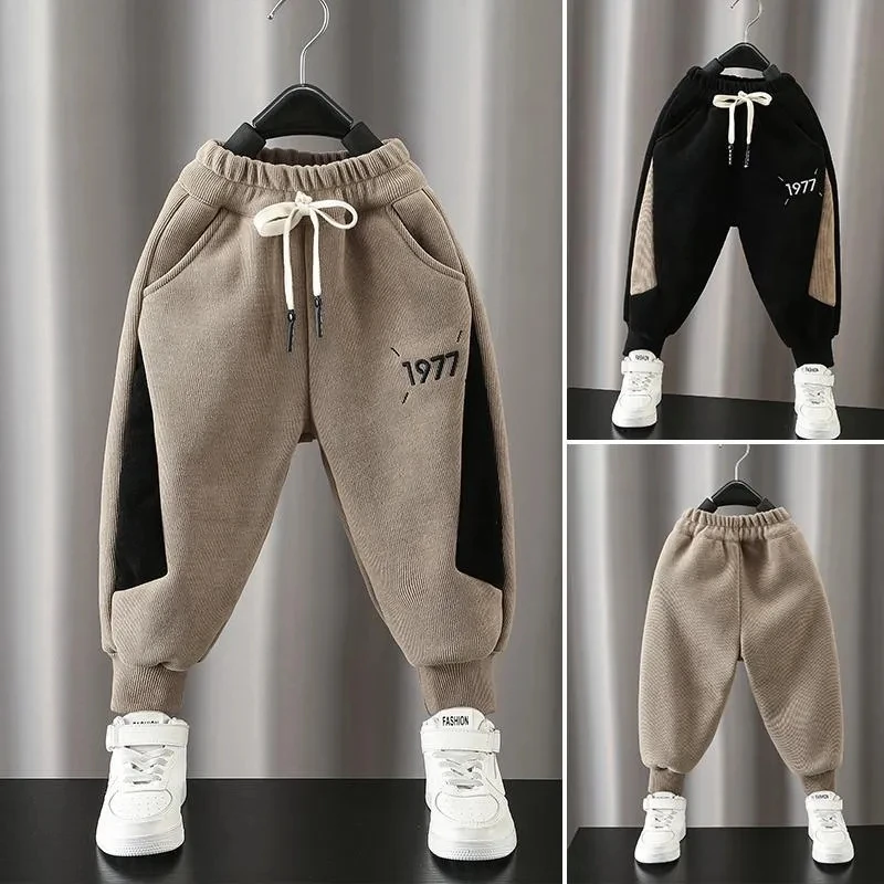 Fashion Boys Velvet Lined Jogger Pants Winter New Patchwork Warm Kids Swetapants Spodnie Plush Thick Children Casual Pantalones