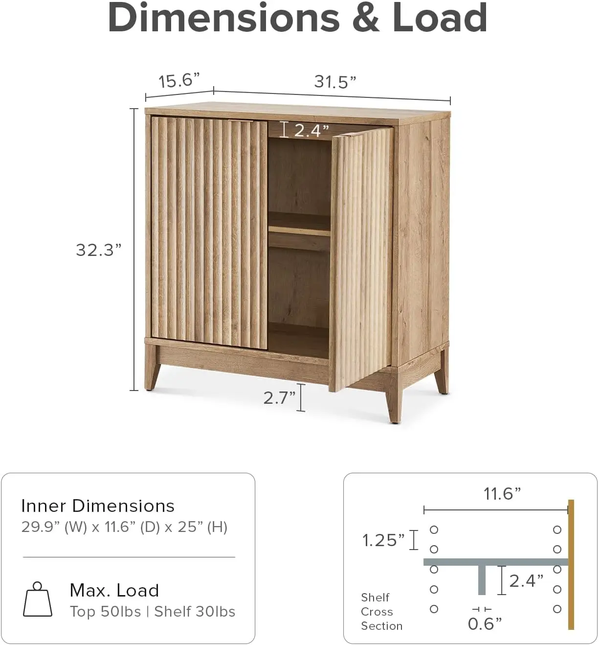 Modern Farmhouse Entryway Accent Cabinet, Buffet Sideboard, Credenza, Wood Modular Cabinet with Doors & Shelf, Fluted Panel, for