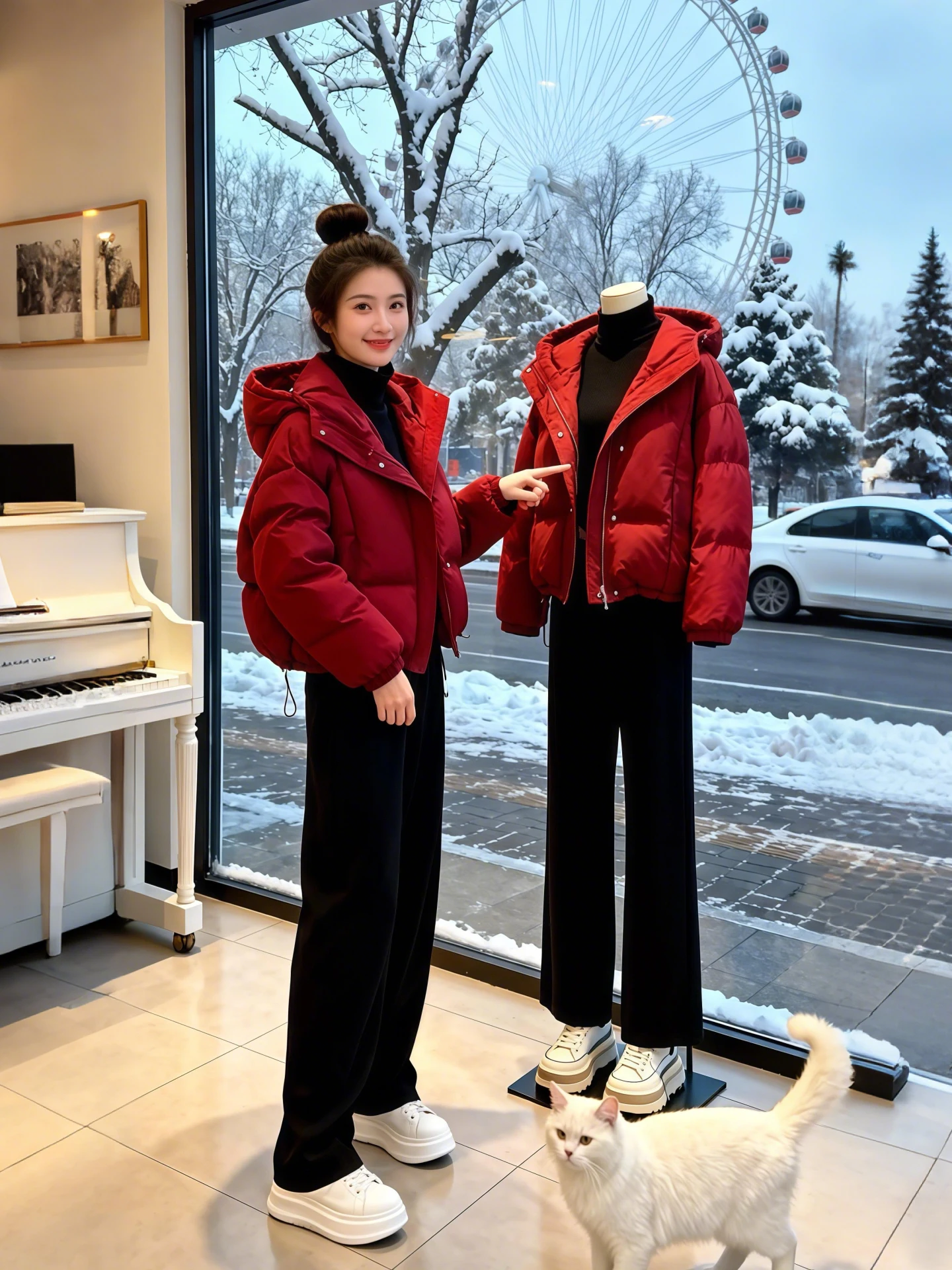 

Корейский модный красный укороченный пуховик и повседневные длинные брюки: женский зимний комплект для города с молнией