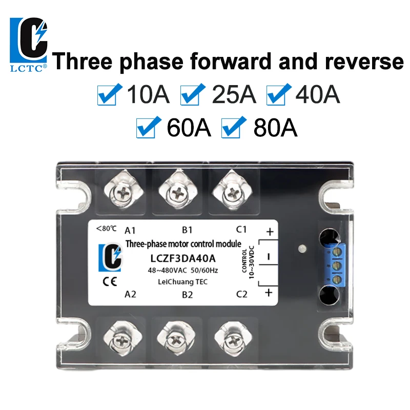 

LCTC Three Phase Solid State Relay Forward and Reverse Control Relay DC Motor Stater 10A 25A 40A 60A 80A 10-30VDC 40-480VAC DA