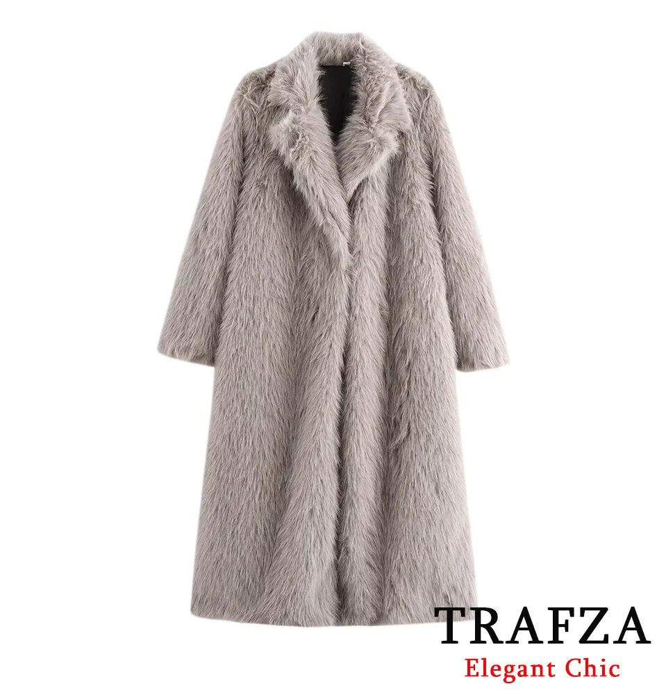 

TRAFZA-Women Elegant Fur-Effect Long Coat Lapel Faux Fur Thickened Long Coat New 2024 Fall Winter Fashion Casual Slim Long Coat