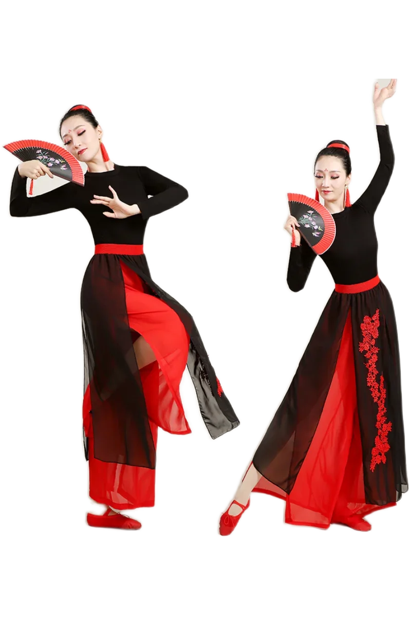 Das klassische Tanzaufführungskleid, elegantes chinesisches Windmädchen, Gruppenfächertanz, Trainingskleid im antiken Stil, Set, Tanzkleid