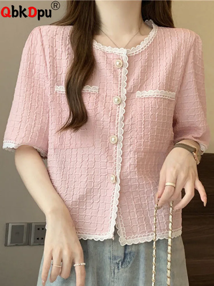 

Sweet O-neck Short Sleeve Shirt Women Casual Loose Single Breasted Thin Blusas Korean Fashion Lace Oversize 4xl Summer Tops New