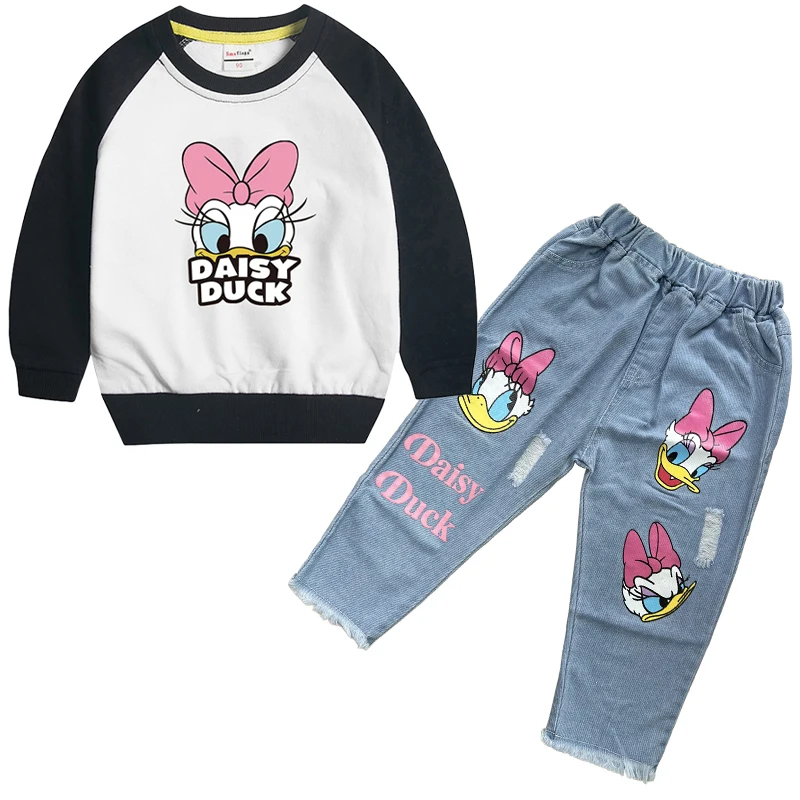 Fashion Cartoon Daisy Baby Girls Clothing Set Kids Long Sleeve Pullover Top  Jeans Pants 2Pc for 2-6 Years Children Tracksuits