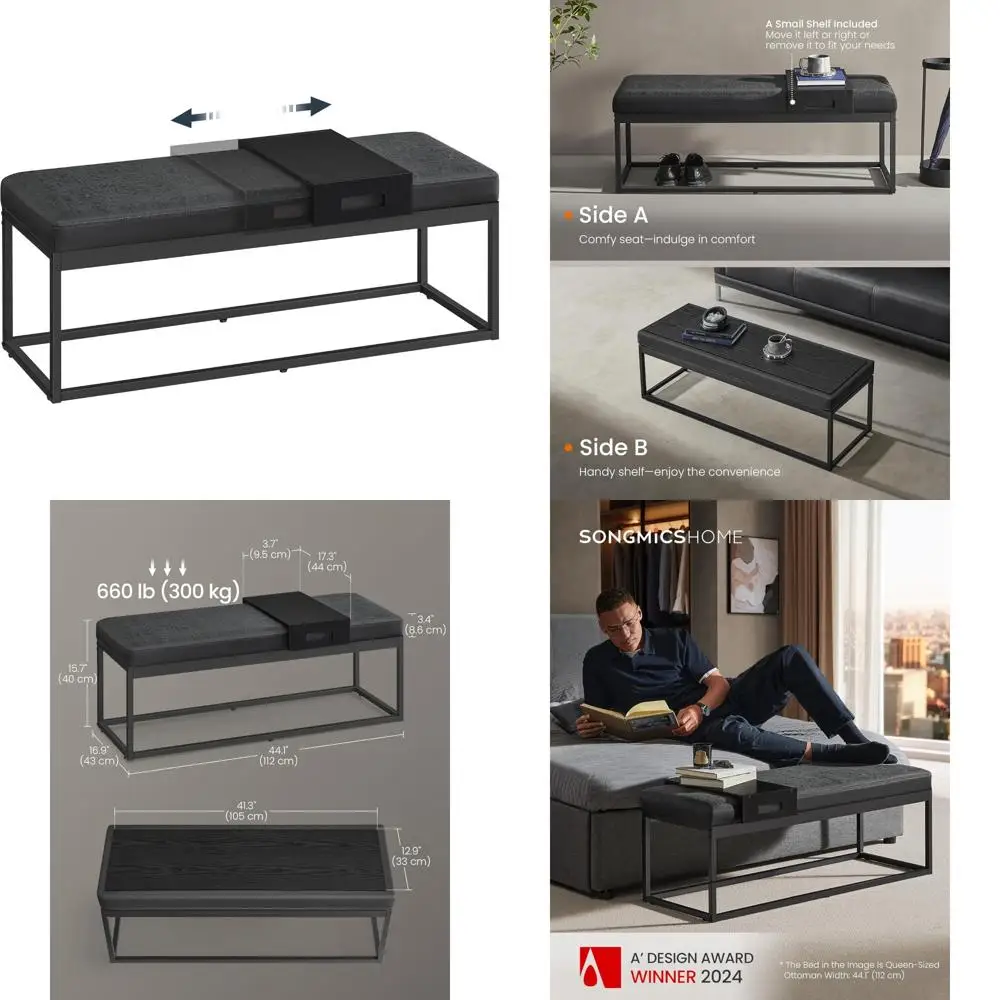 

SONGMICS LUIZ Ottoman Storage Bench - Reversible Top, Shoe Storage with Removable Shelf, End of Bed Furniture