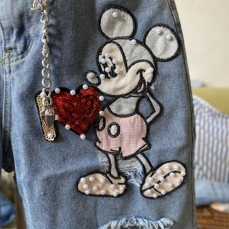 Schwere Industrie Cartoon Mickey Gestickte Hohe Taille Cowboy Shorts Frauen Sommer Plus Größe Lose Slimm 5/5 Gerade Bein Hot Pants