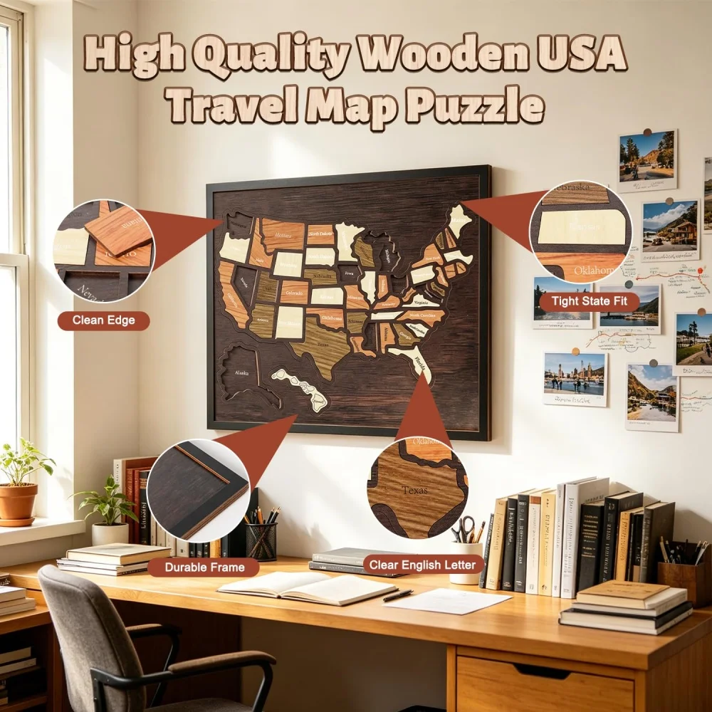 Personalized Custom Engraved Wooden USA Travel Map Puzzle, Journey Tracker Pin Board Map, Custom Text Travel Souvenir Gift