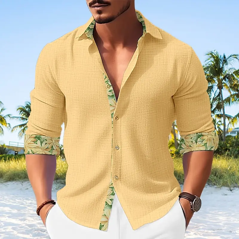 Men's buttoned shirts, casual and comfortable summer long-sleeved shirts with color-blocked lapels, spring and summer daily fash