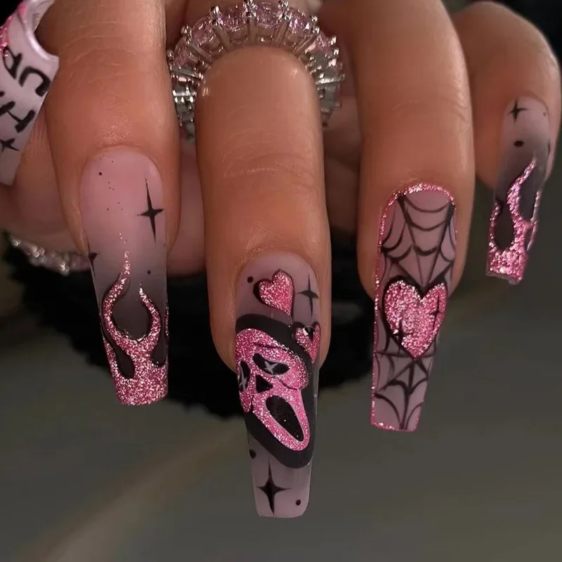 Halloween Press on Nails, Gothic Punk Fake Nail Tips, Spider Bat Skull Ghost Design Wearable False Nails for Halloween Party Cosplay