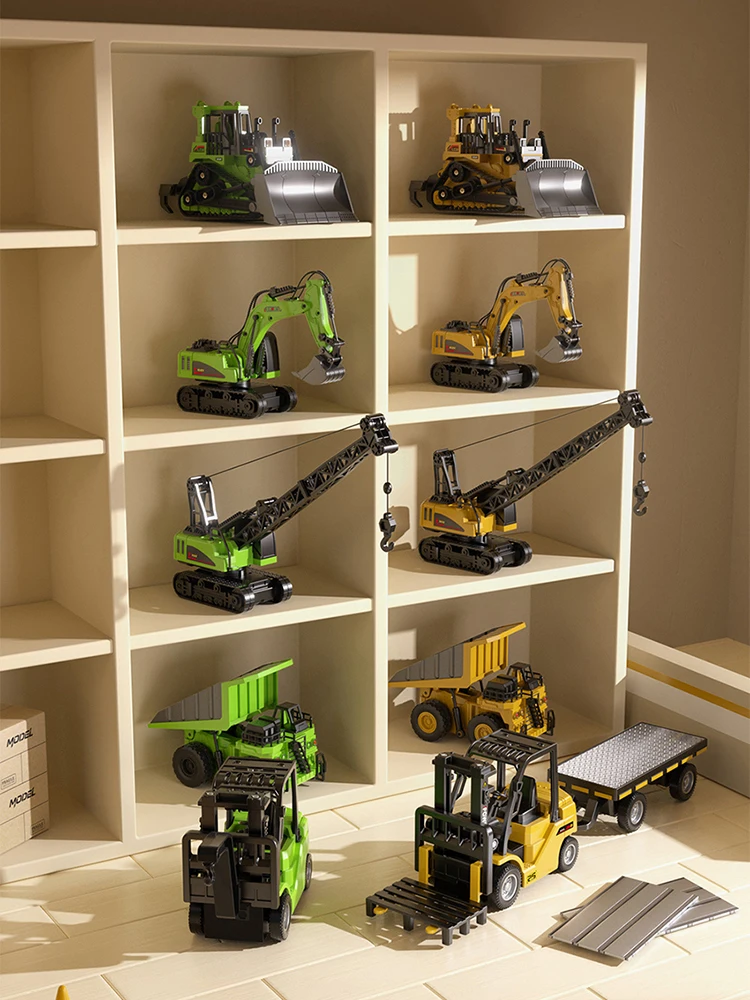 1:64 Legierungs-Mini-Desktop-RC-Bausatz, Gabelstapler mit Anhänger, Bagger, Bulldozer, Kran, Muldenkipper, Kinder-Weihnachtsgeschenk