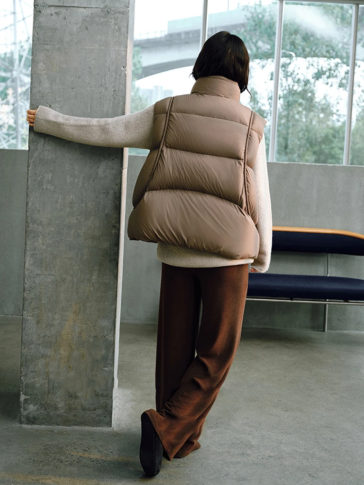 Herbst Winter Gebogene Puff Stehkragen Unten Weste Weibliche Doppel-reißverschluss Weste Outwears Frauen Weiße Ente Unten Flauschigen Warme Westen