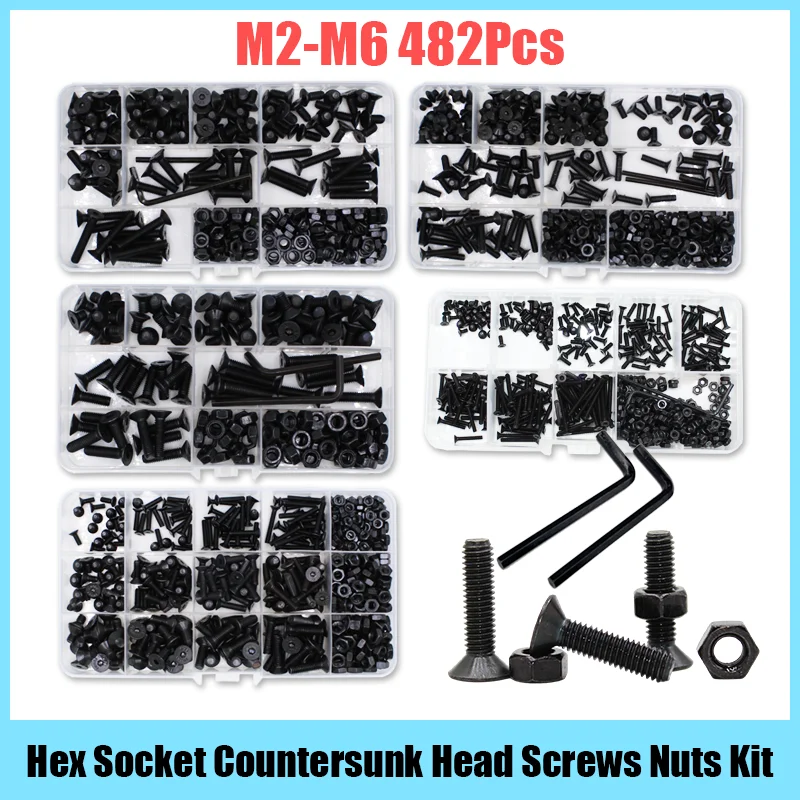 

Hexagon Socket Flat Countersunk Head Screw and Nut Black Grade 10.9 Steel Hex Socket Countersunk Allen Bolt Nut M2 M3 M4 M5 M6