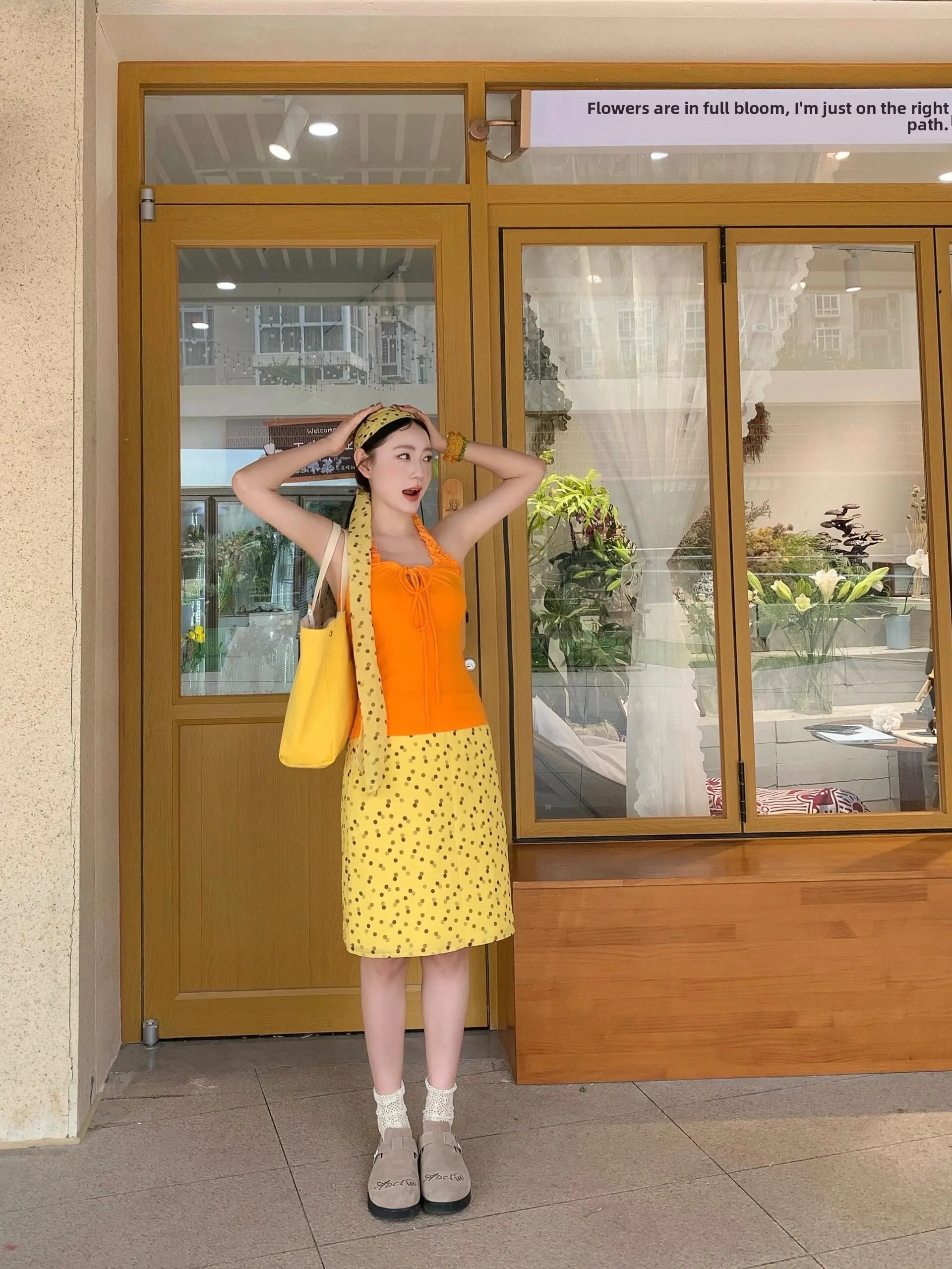 American Style Yellow Chiffon Polka Dot Half Skirt Women's Summer New High Waist A-Line Skirt Versatile Midi Skirt